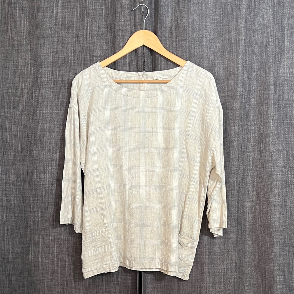 Eileen fisher cream linen plaid 3/4 sleeve blouse with pockets size medium